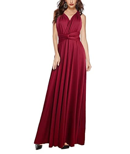 HAHAEMMA Robe soirée pour femme, élégante, avec dos nu et col V, longueur au sol, pour la plage, mariage, demoiselles d’honneur, bal, l’été, rouge bordeaux, L