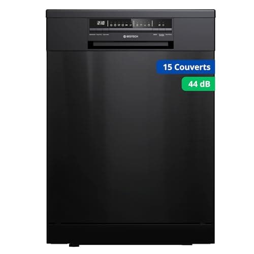 GEDTECH Lave-vaisselle GLV1544BL 15cv - Tiroir à couverts – 44 dB – Très silencieux - Départ Différé - Eco - Intensif - Rapide – Faible conso - Classe C - Noir - Protection enfant