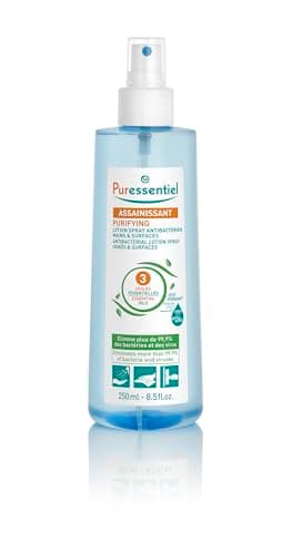Puressentiel - Assainissant - Lotion Spray Antibactérien aux 3 Huiles Essentielles - Mains et Surfaces - Elimine 99,9% des bactéries et des virus - Odeur Citronnée - Fabrication Française - 250 ml
