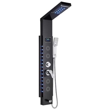 Harnart Colonne De Douche Hydromassante pour baignoire 5 en 1 avec LED Colonne Acier Inoxydable Système de Panneau de Douche mural, Pluie Plusieurs Sorties D'Eau Ensemble De Douche,Noir