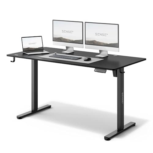 SENSE7 Bureau électrique NOJO, Bureau Debout 140x70, Bureau PC avec mémoire, Bureau Debout avec Plateau pour câbles, Bureau de Jeu avec Crochets, réglage en Hauteur Silencieux, Black