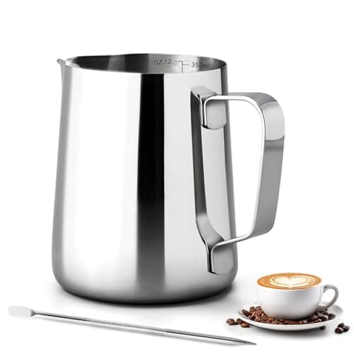 Pot à Lait - 350ml Café au Lait Cappuccino Pichet a Lait Inox pour Faire Mousser le Lait avec Stylo Décoratif pour le Café la Mousse de Lait