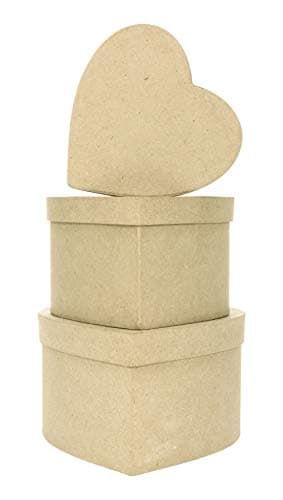 Décopatch BTS903O - Un lot de 3 supports en papier brun mâché, Boites cœurs (14x14x8 cm - 16x16x10 cm et 18x18x11 cm)