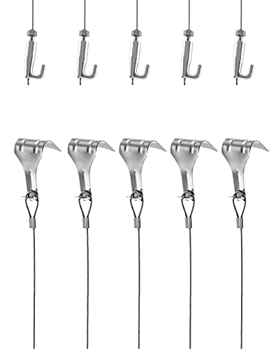 QWORK® Kit Accrochage de Cadre Photo et Miroir, Fil Suspension en Acier Inoxydable Φ1.5mm x 2m avec Crochet Réglable et Crochets de Rail, Charge 40KG, 5 Pcs