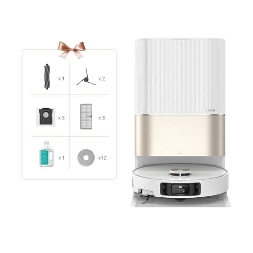 DREAME X40 Ultra Complete Robot Aspirateur avec Serpillière amovible et relevable, Brosse latérale surélevée,12 000 Pa,Serpillière et la Plaque de lavage avec de l'eau chaude à 70 C,Brosses relevables