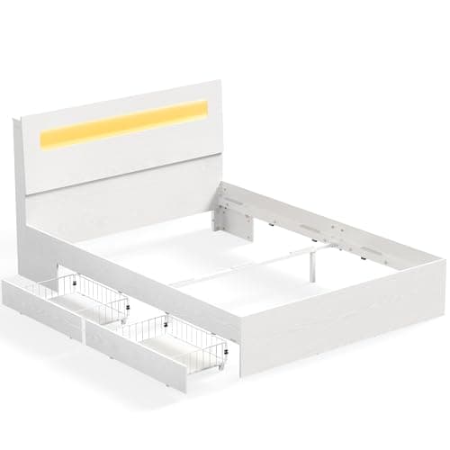 VASAGLE Cadre de Lit avec 2 Tiroirs Coulissants 140 x 190 cm, Lit Double, avec LED, Multiprise, en MDF et Acier, sans Sommier, pour Chambre d’Ado, Chambre d’Amis, Blanc Mat RMB953W01