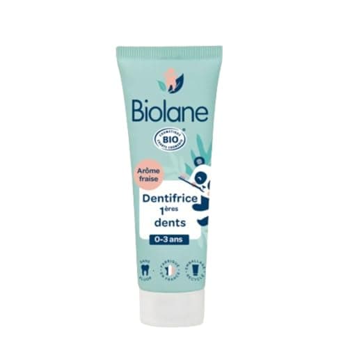 Biolane - Dentifrice Bebe 2en1 Bio - Nettoie les 1eres dents - Apaise les poussées dentaires - Sans Fluor - Arôme fraise - Fabriqué en France - 50 ml