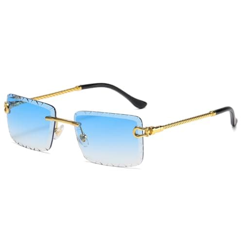LIGOES Lunettes de soleil rectangulaires sans monture UV400 Jambe en métal Lunettes de soleil sans cadre Mer Vert Bleu Lunettes Ombre, Doré avec bleu