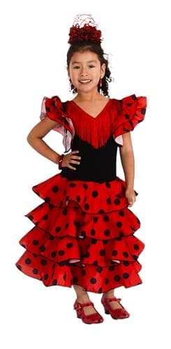 AMARU SANCHESU Robe pour fille pour danse flamenco ou sévillane, Rouge taupe noir, 10 ans