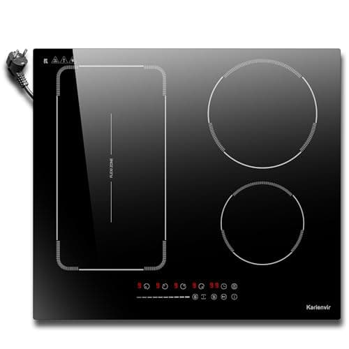 Karienvir Plaque induction 4 feux, 60cm, avec prise, 3500W, Zones flexibles, Commande à glissière, 9 niveaux de puissance, Minuterie, Verrouillage de sécurité, Isolation thermique