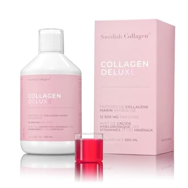 Swedish Collagen Deluxe | Supplément liquide de collagène marin hydrolysé 12 500 mg - 500 ml, 20 jours d'approvisionnement | Acide hyaluronique, biotine et vitamine C pour des cheveux, une peau, des