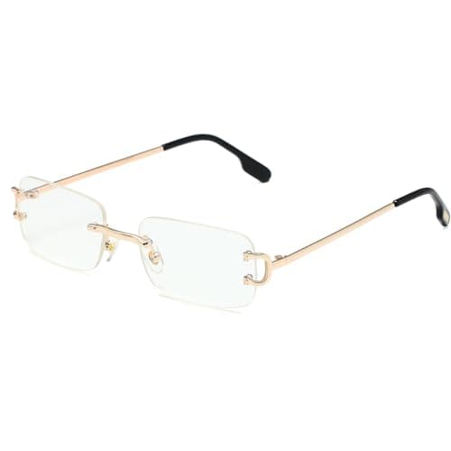 Ggpyyon Lunettes de soleil rectangulaires sans monture pour homme et femme, lunettes de soleil rétro sans monture, Doré/transparent