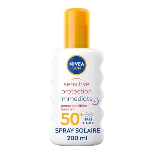 NIVEA SUN Spray Solaire Sensitive Protection Immédiate FPS 50+ (200 ml) – Creme solaire 50 anti UV adaptée aux peaux sensibles – Creme solaire visage et corps légère et non grasse