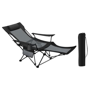 WOLTU Chaise Pliante Camping, Chaise Longue, Chaise de Pêche, Fauteuil Pliant avec Dossier Réglable 90-155°, Repose-Pieds Amovible, Porte-gobelet, Portable et Léger, Noir+Gris