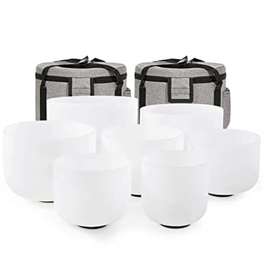 CVNC Lot de 7 bols chantants en cristal de quartz givré avec 2 étuis de transport pour la guérison par le son et la méditation 15 à 30 cm 432 Hz