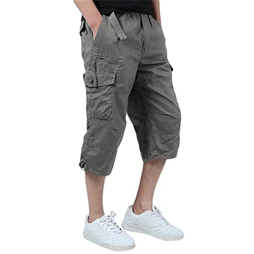 Allthemen Homme 3/4 Short Cargo Eté en Coton Pantacourt Décontracté Pantalon de Travail Court avec Multi-Poches Pantalon de Loisir Casual Sport avec Ceinture Gris M