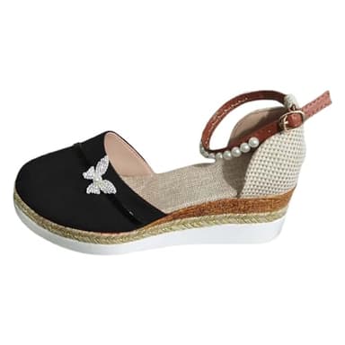 Generico Sandales D'été Femmes Confortables Bout Fermé Espadrilles En Jute Léger Talon compensé Sandales Boucle Ou Sangles De Cheville Plage Sandale Respirant Réglable Chaussures De Soirée, Noir , 43