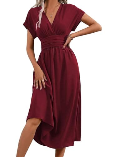 LIAMERHE Robe D'été Femme Élégante Col en V Manches Courtes Robe Casual Taille Haute Ligne A Robe Longue Robe de Plage Décontractée Bourgogne S