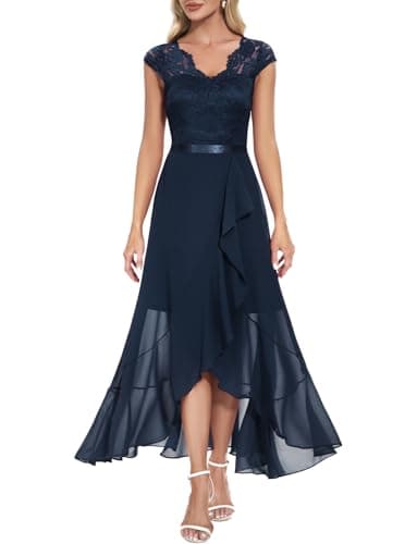Bbonlinedress Robe Cocktail Soirée Demoiselle d'honneur Femme de Mariage Invité Bal de Promo Anniversaire Longue en Mousseline de Soie Navy L