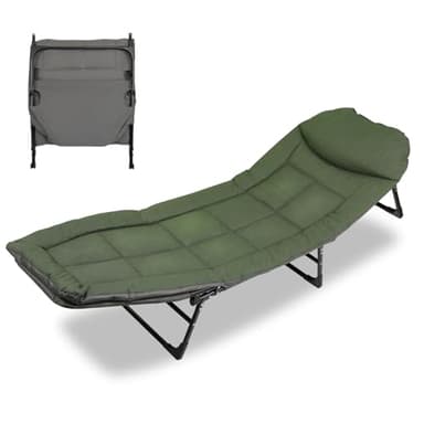 Hebitod Chaise longue de pêche à la carpe - 195 x 65 x 32 cm - Pliable - Avec sac de transport - Charge maximale : 160 kg - Lit de camping rembourré - Pour camping, pêche, plages, jardins - Vert