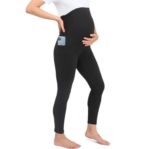 Womum Legging de Grossesse avec Poches, Taille avec Support Ventre et Dos, Doux et Confortable, Opaque, Élastique et Résistant, Usage Quotidien (XXL, Noir)