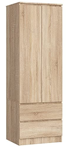 AKORD Armoire 2 Portes | Armoir Chambre 2 Tiroirs 2 Etagères et Une Tringle | L60 x H180 x P51 cm | Panneau Stratifié 16mm | Armoire sans Penderie Chambre | Dressing Rangement Placard