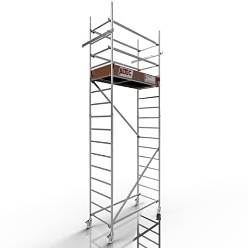 ALTEC Rollfix® 2.0 500 | 5m de hauteur de travail | Roues pivotantes avec frein (Ø125mm) | Ancrage mural | Made in Germany | TÜV | Charge admissible 200kg/m² | DIN EN 1004-1 | Echafaudage aluminium