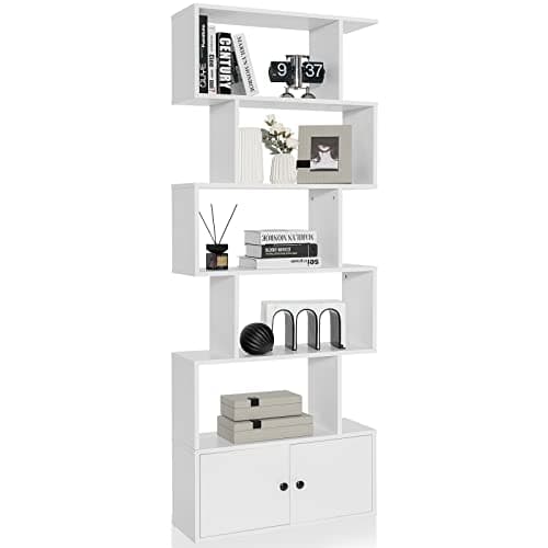 Giantex Bibliotheque, Étagère à 5 Niveaux, Meuble de Rangement en S, Séparateur de Pièce avec Armoire à 2 Portes, 70 x 23 x 183 cm, pour Salon, Chambre, Bureau, Blanc