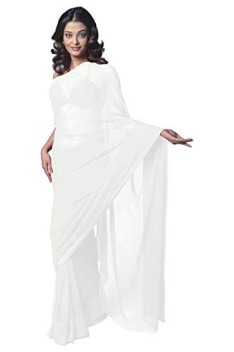 Sari Bollywood uni en mousseline de soie pour femme, blanc, taille unique