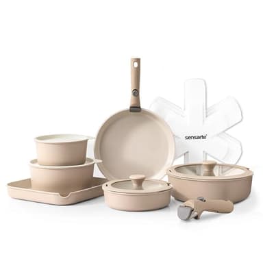 SENSARTE 17 Pièces Lot Poele et Casserole Induction, Revêtement Céramique Antiadhésif, Batterie de Cuisine avec Couvercle, Poignées Amovibles，Empilable, Compatible Lave-vaisselle