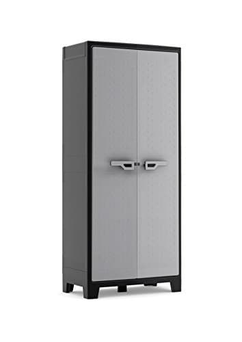 KETER Armoire Haute Utilitaire TITAN - Armoire en Résine Multifonctions - Étagères et Pieds Ajustables - Charnières metallique - IPX3 - Cuisine, Garage, Atelier - 80 x 44 x 182 cm - Noir/Gris