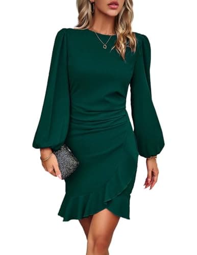 HUXRAKV Femme Elégante Robe d'affaires Manches Longues Bodycon Vintage Ruffle Manches Robe Midi de Soirée Formelle,WD21-Vert,L