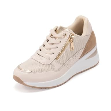 JOMIX Basket Casual Femme avec Lacets Chaussures Sport Femmes Compensé Confortables pour Fitness Gym Outdoor(Beige,41)