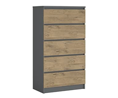 3E 3xE living.com Commode avec 5 tiroirs Anthracite/chêne Lancelot, L : 70 cm, H : 125 cm P : 39 cm