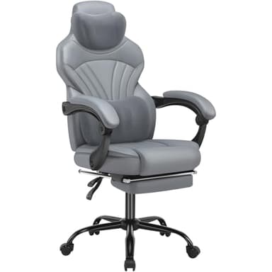 HLFURNIEU Chaise Gaming Ergonomique, Fauteuil Gaming avec Appui-tÊte et Support Lombaire, Chaise Gamer avec Repose-Pieds TÉlescopique et Accoudoirs de Liaison, Réglable en Hauteur, Fauteuil Gamer Gris