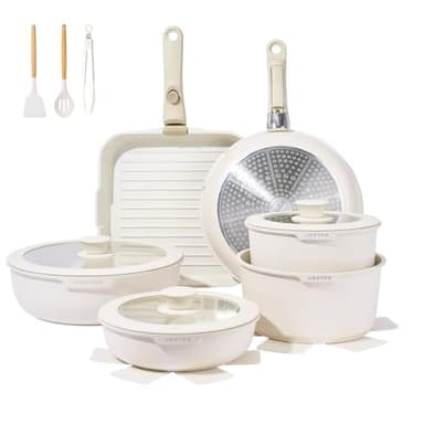JEETEE Batterie de Cuisine Antiadhésive 25 Pièces avec Poignée Amovible, Poele Induction 20/26cm, Sauteuse 26cm, Casserole 18/20cm, Poêle carrée 26cm, Empilable, Passe au Four, Sans PFAS/PFOA, Beige