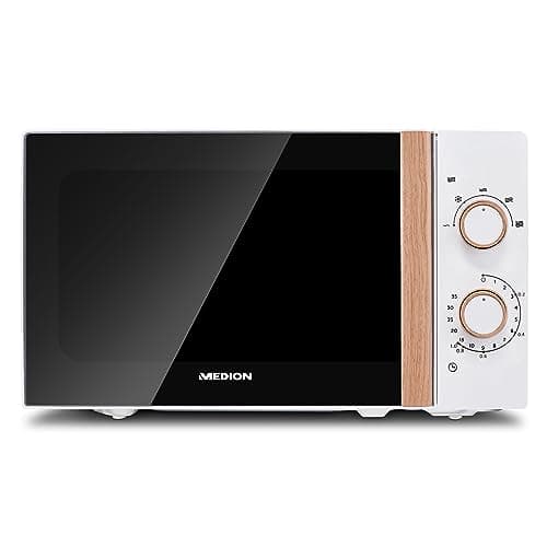 MEDION Micro-ondes (aspect bois, 20 litres, 700 watts, porte miroir, 5 niveaux de puissance, fonction décongélation, minuterie, MD10596) blanc