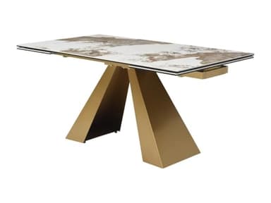 Vente-unique - Table à Manger Extensible 6 à 10 Personnes en Verre trempé, céramique et métal doré - Effet marbre Blanc et Taupe - LOZIPA de Maison Céphy