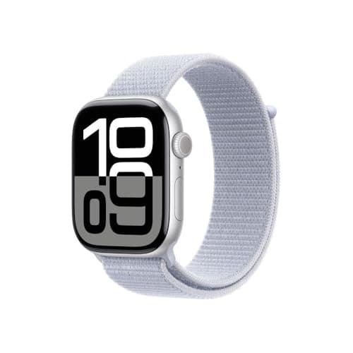 Apple Watch Series 10 (46 mm GPS) Montre connectée avec Boîtier en Aluminium Argent et Boucle Sport nuée Bleue. Suivi de l’activité Physique, app ECG, écran Retina Toujours activé, Neutre en Carbone