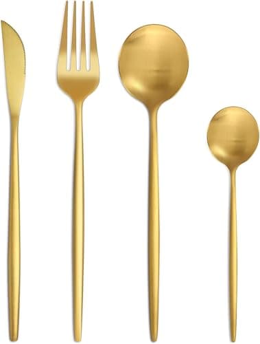 Bestdin set couverts de table 6 personnes dorés, ensemble de couverts inox 24 pièces, Comprend des couteaux/fourchettes/cuillères, fini mat et lavable au lave-vaisselle, facile à nettoyer