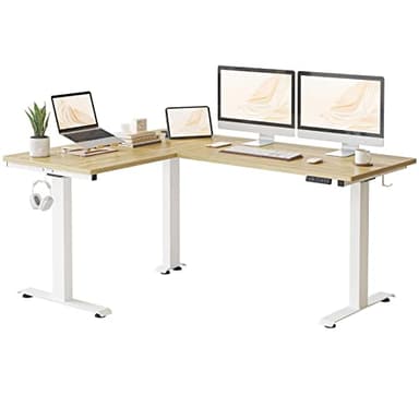 FEZIBO Bureau Assis Debout Angle Électrique - 160 * 120 cm 3 Moteurs Bureau Debout Réglable en Hauteur Table Forme L, Angle Réversible, Système Anti-Collision, Panneau Contrôle à 3 Fonctions Mémoires