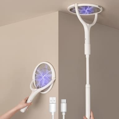 GeckoMan Tête Rotative Raquette Électrique Insectes Rechargeable Raquette Anti Moustique Électrique Raquette Moustique Électrique Tapetteà Mouche Piège Anti Mouche, avec Une Extension Télescopique