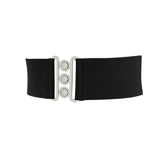 FASHIONGEN - Ceinture femme élastique, ceinture large à boucle 3 boutons, style vintage, GLORIA Fabriqué en France - Noir (Boucle argenté), XL / 44 à 46