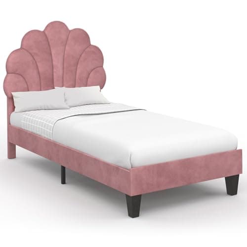 IDMarket - Lit Simple Coquillage 90 x 190 cm Amanda avec sommier Velours Rose poudré