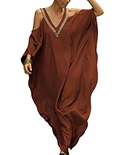 Bsubseach Robe de Plage Femme Caftan Épaule Froide Col en V Cache-Maillot de Bain Maxi Kimono Djellaba Grande Taille Kaftan Rouge