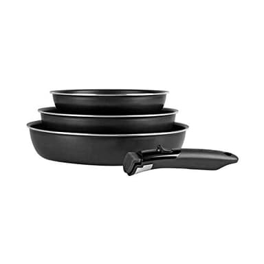 Sitram - 712757 Lot de 3 poêles Sitramovible en aluminium pressé Ø20/24/28cm, revêtement anti-adhérent, poignée amovible - Tous feux dont induction, Noir,argent