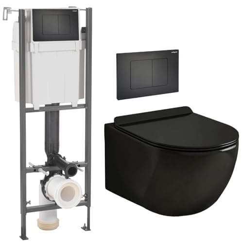 Coribi Pack Complet WC Sans Bride + Cuvette Suspendu Sans Bride + Plaque DESIGN - Toilette Design Moderne - Cuvette Céramique (Bâti initio sur mur porteur, Plaque noir mat soft touch)