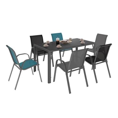 IDMarket - Salon de Jardin Madrid Table 150 CM et 6 chaises empilables Mix Color Gris, Noir et Bleu