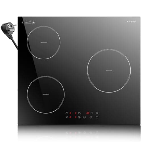 Karienvir Plaque induction 3 feux, Plaque à Induction 60cm, 3500W, avec prise, contrôle tactile, Boost, Temporizer, Verrouillage de sécurité, Isolation thermique