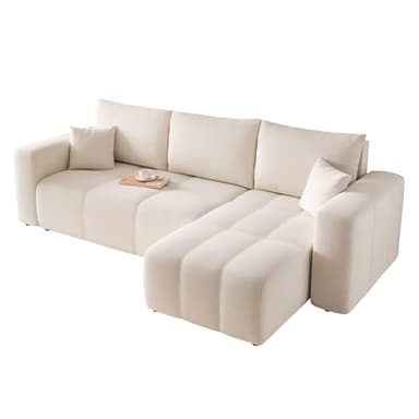 GREKPOL Canapé d'angle Convertible 145x248 à Gauche ou à Droite - Canapé 3 Places Convertible Beige avec Espace de Rangement